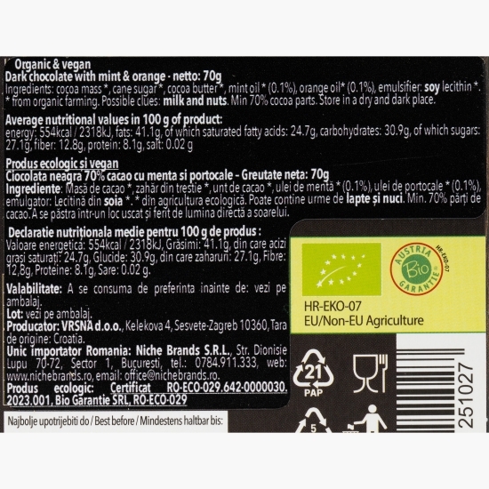 Ciocolată neagră eco cu mentă și portocale, fără gluten, 70g