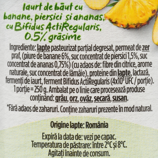 Pachet iaurt de băut, fără zahăr adăugat, cu banane, piersici și ananas/ banane, mere și cireșe 3x250g