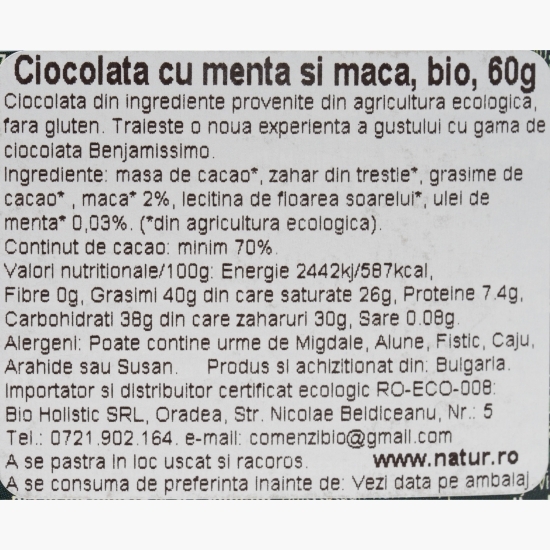 Ciocolată neagră  eco 70% cacao, cu mentă și maca 60g