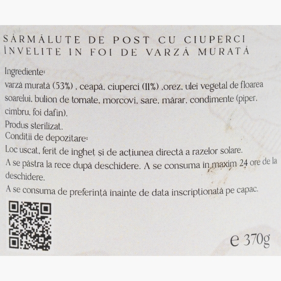 Sarmale de post cu ciuperci învelite în foi de varză murată 370g
