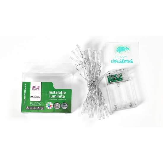 Instalație de Crăciun 3m, multicolor cu baterii tip liniar, 2 jocuri de lumini, 30 LED -uri