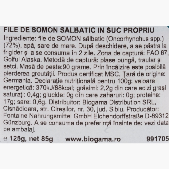 File de somon sălbatic în suc propriu, 125g