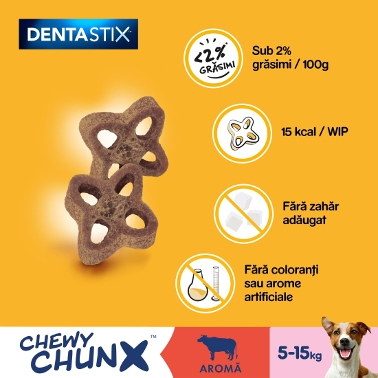 Recompense pentru câini de talie mică și medie, 68g, DentaStix Chewy Chunx cu aromă vită