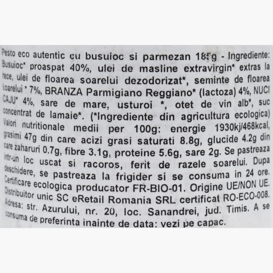 Pesto eco autentic cu busuioc si parmezan 185g