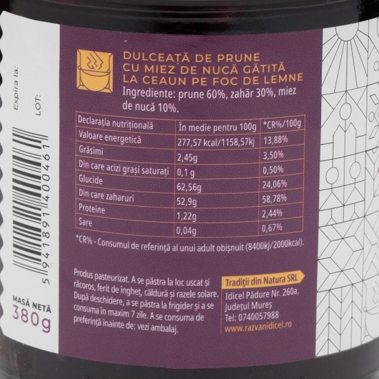 Dulceață de prune cu miez de nucă, gătită la ceaun pe foc de lemne 380g