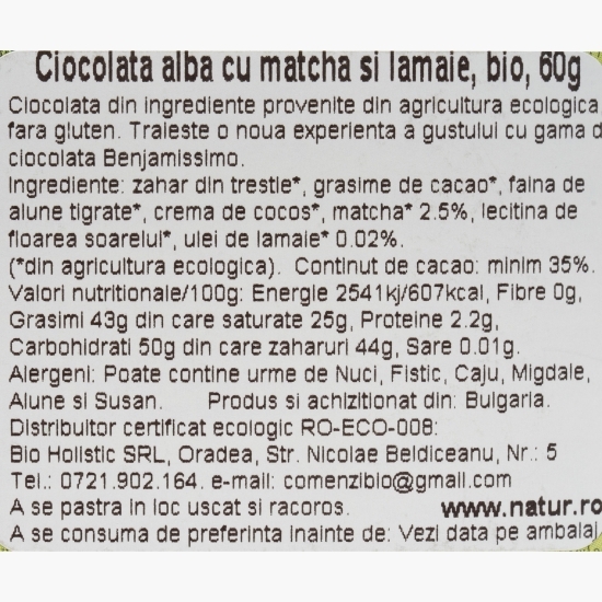 Ciocolată albă eco, cu matcha și lămâie, 60g