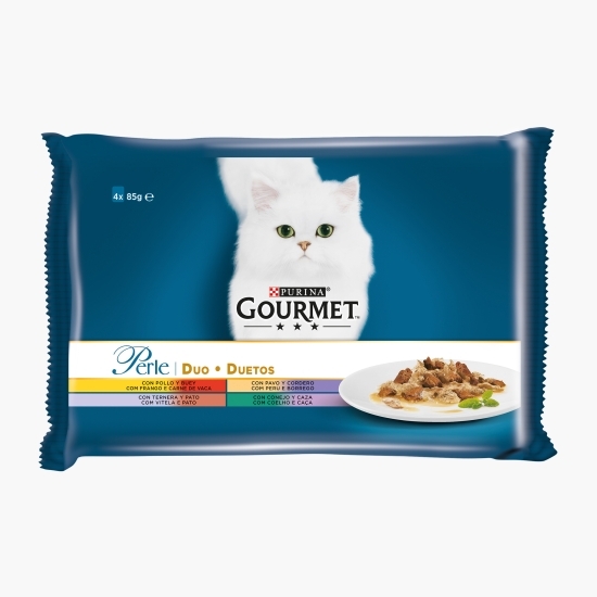 Hrană umedă pentru pisici, 4x85g, multipack Duet cu pui & vită/curcan & miel/vițel & rată/iepure & vânat în sos