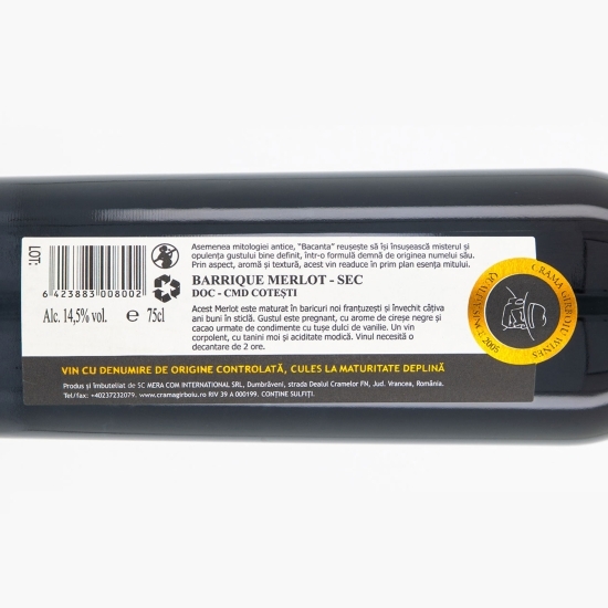 Vin roșu sec Bacanta, Barrique Merlot, 14.5%, 0.75l
