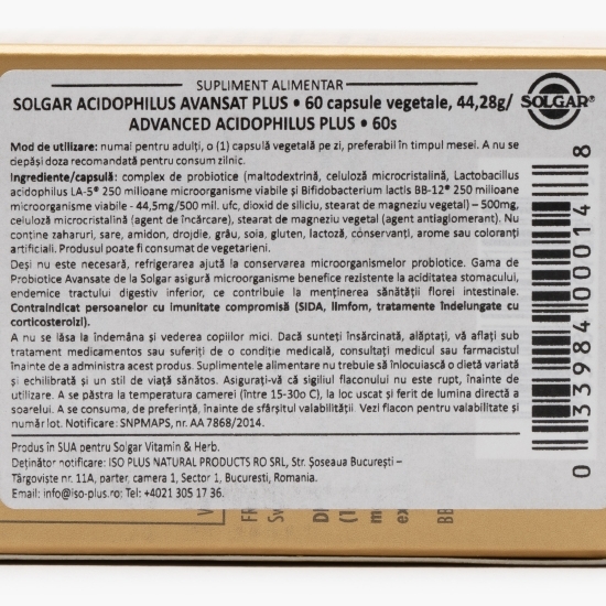 Acidophilus Avansat Plus 60 capsule vegetale