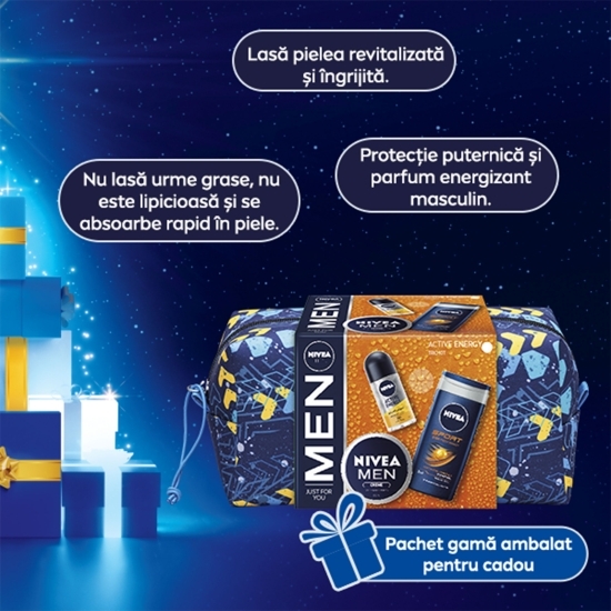 Set cadou: Men Creme 150ml + Gel de duș Sport 250ml + Deodorant roll-on masculin Dry Energy 50ml