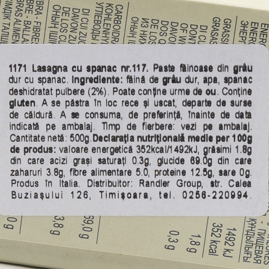 Paste pentru Lasagna cu spanac nr. 117, 500g