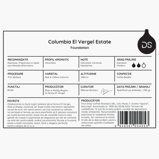 Columbia El Vergel Estate 250g cafea de specialitate boabe