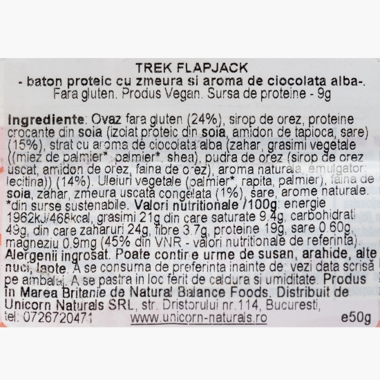 Baton din ovăz, cu ciocolată albă și zmeură, cu proteine, fără gluten 50g