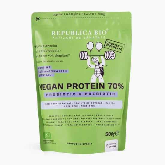 Pulbere proteică ecologică Vegan Protein 70%, cu gust de cookies cu ciocolată, 500g