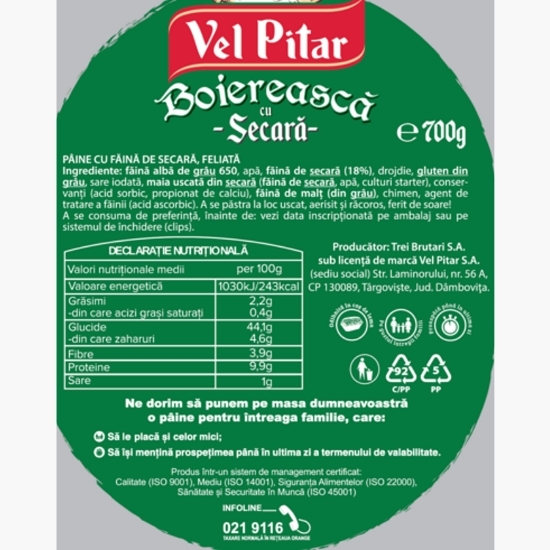 Pâine cu secară, feliată 700g