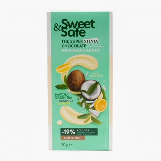 Ciocolată albă cu matcha, cocos, lămâie fără zahăr și îndulcitor stevie 90g