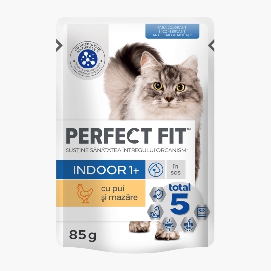 Hrană umedă cu pui și mazăre pentru pisici de interior adulte, 85g, în sos