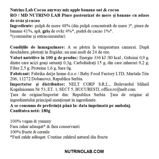 Piure cu măr, banană, ovăz & cacao Cocoa Anyway Mix 180g