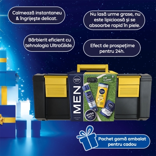 Set cadou: Men Creme 75ml + Gel pentru ras ten normal 200ml + Balsam după ras ten normal 100ml + Gel de duș Active Energy 250ml