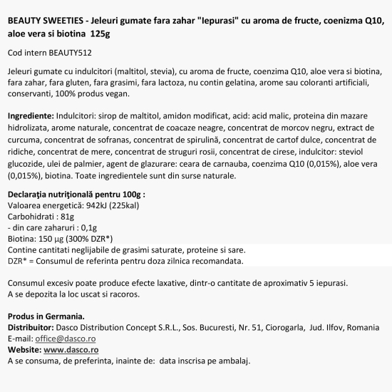 Jeleuri gumate fără zahăr, cu aromă de fructe, coenizma Q10, aloe vera și biotină 125g