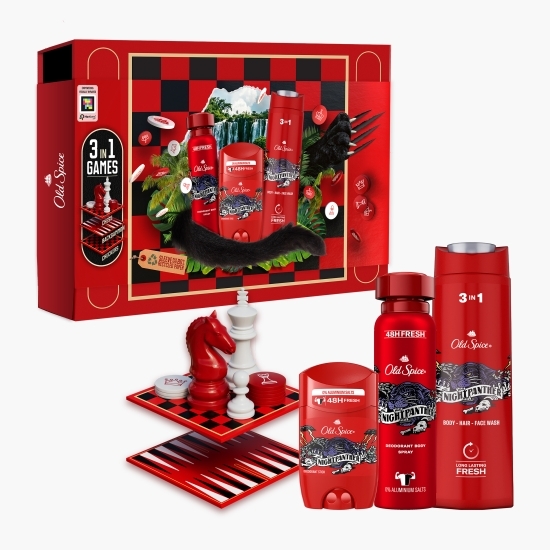Set cadou Gamebox Nightpanther: gel de duș 400ml + deodorant stick 50ml + deodorant spray 150ml + 3 jocuri de societate