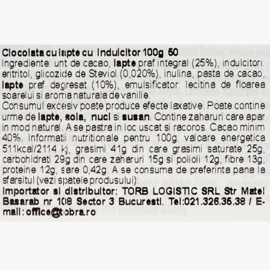 Ciocolată cu lapte cu Stevia, fără zahăr adăugat 100g