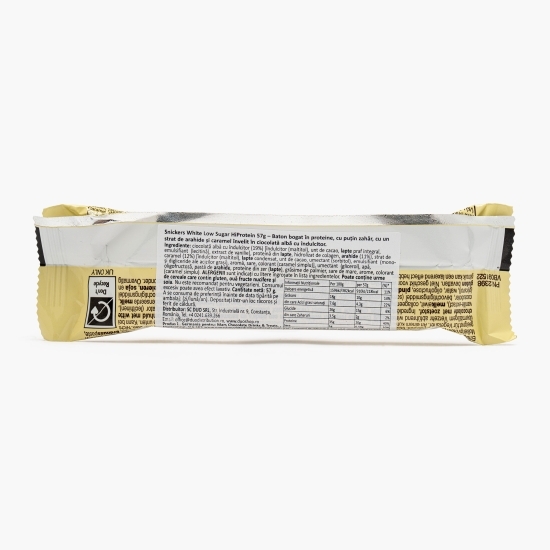 Baton proteic cu ciocolată albă, arahide și caramel HiProtein White Low Sugar 57g