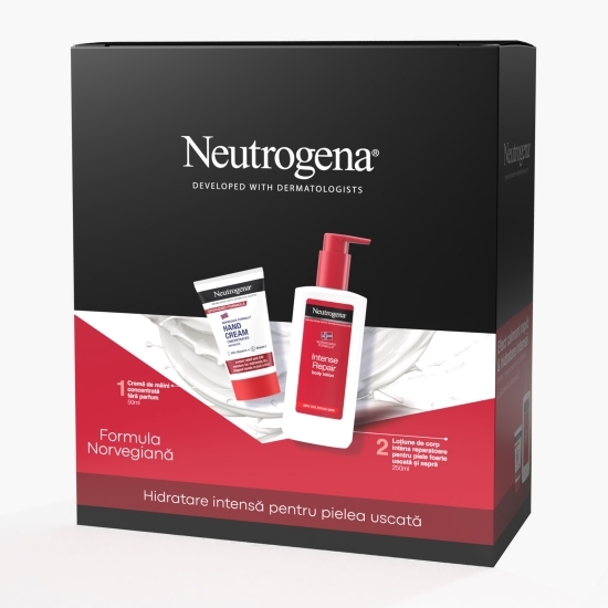 Set cadou Formula Norvegiană: Loțiune de corp intens reparatoare 250ml și Cremă de mâini concentrată neparfumată 500ml