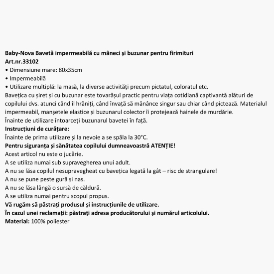 Bavetă impermeabilă cu mâneci și buzunar pentru firmituri
