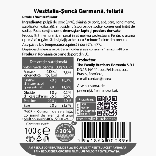 Șuncă germană Westfalia feliată 100g