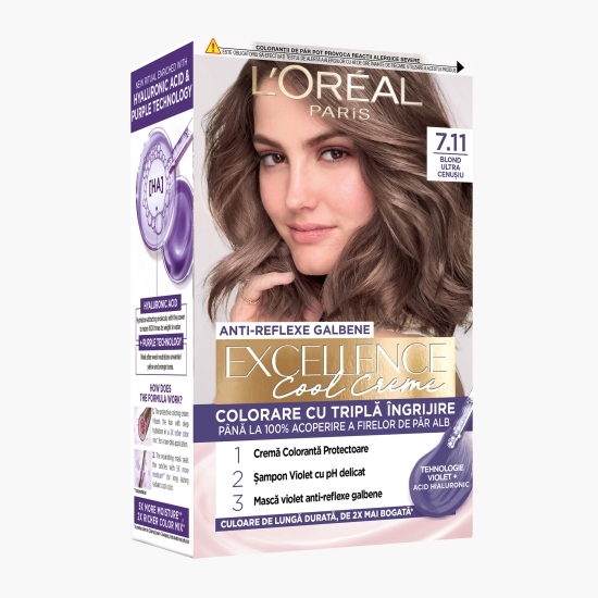 Vopsea de păr permanentă Cool Creme, 7.11 Blond ultra cenușiu 192ml