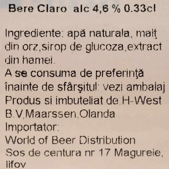 Bere blondă Claro sticlă 0.33l