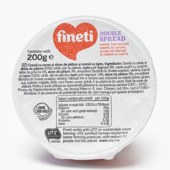 Cremă tartinabilă cu cacao, alune de pădure și lapte Double Spread 200g