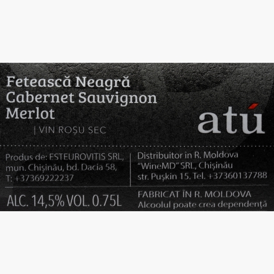Vin roșu sec Fetească Neagră, Merlot & Cabernet Sauvignon, 14.5%, 0.75l