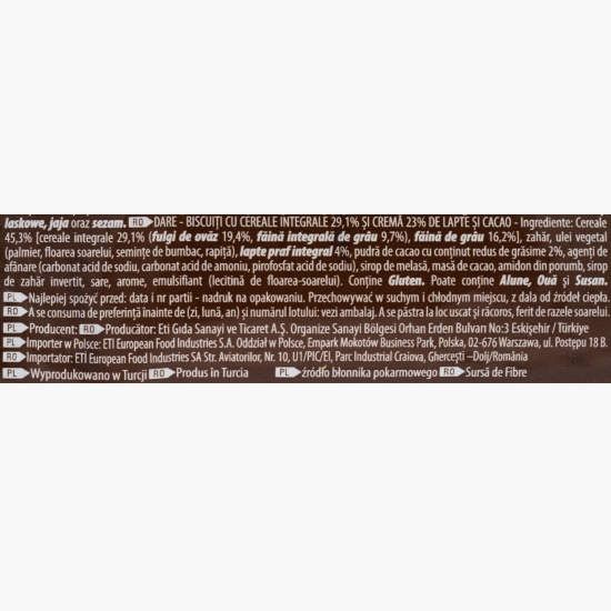 Biscuiți cu cereale integrale și cremă de lapte și cacao 100g