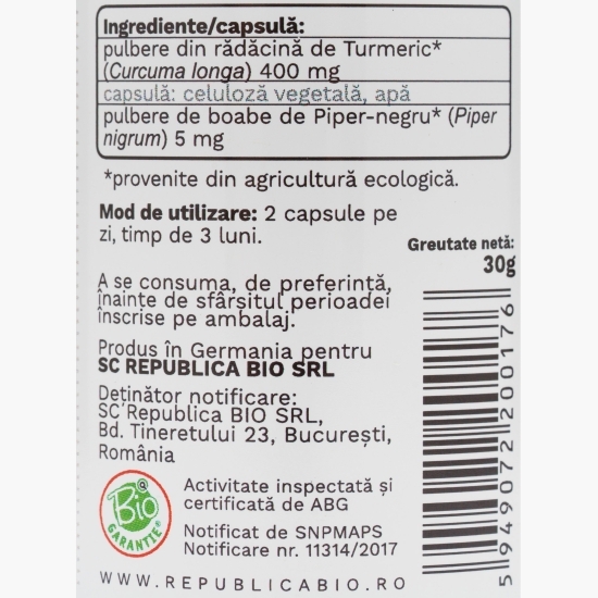 Curcuma ecologică 405mg, 60 capsule vegetale