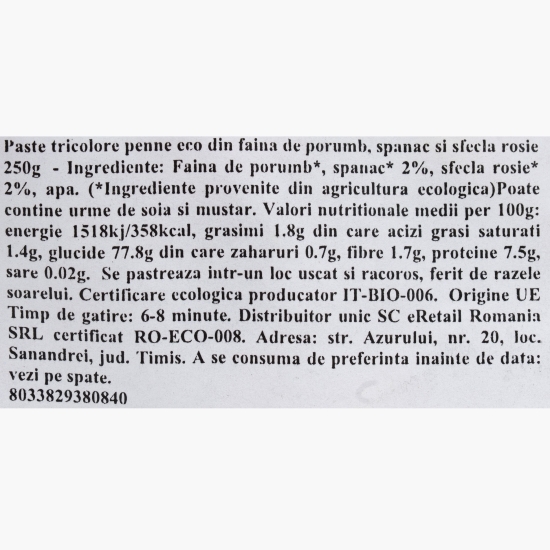 Paste tricolore penne eco din porumb, spanac și sfeclă roșie 250g