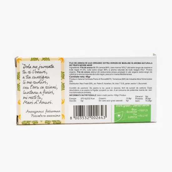 File de anșoa în ulei extravirgin de măsline și aromă naturală de trufe negre, eco, 48g