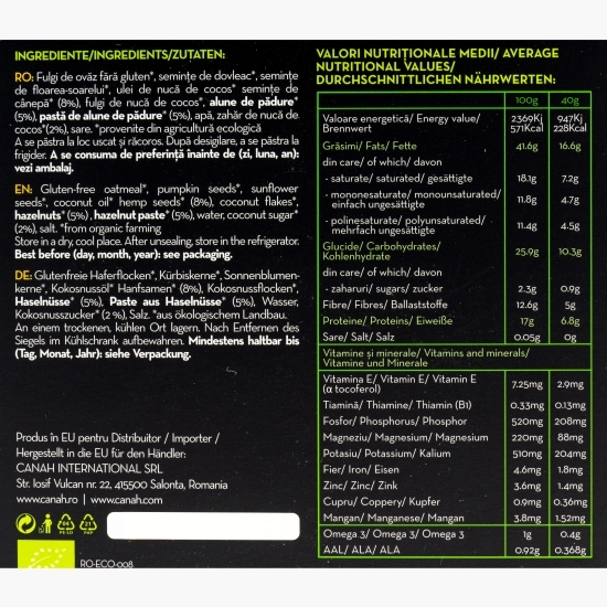 Granola eco cu cânepă Low Sugar, 400g