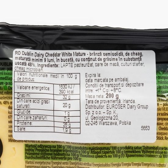 Brânză Irish Cheddar White (alb) maturată minim 9 luni, 200g