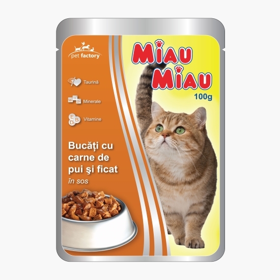 Hrană umedă pentru pisici, 100g, cu carne de pui și ficat