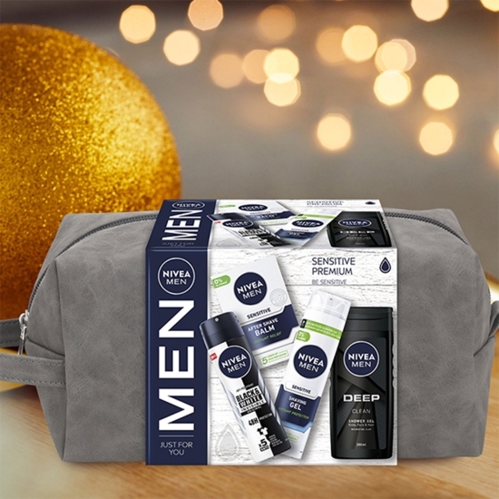 Set cadou geantă: balsam după ras pentru ten sensibil 0.1l + gel de ras pentru ten sensibil 0.2l + deodorant spray masculin Black&White Power 0.15l + gel de duș Deep 0.25l