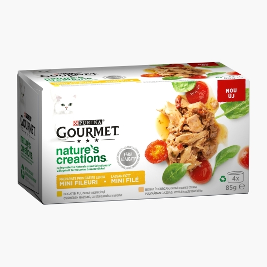  Hrană umedă pentru pisici, 4x85g, Multipack pui, spanac roși și curcan, spanac și păstârnac