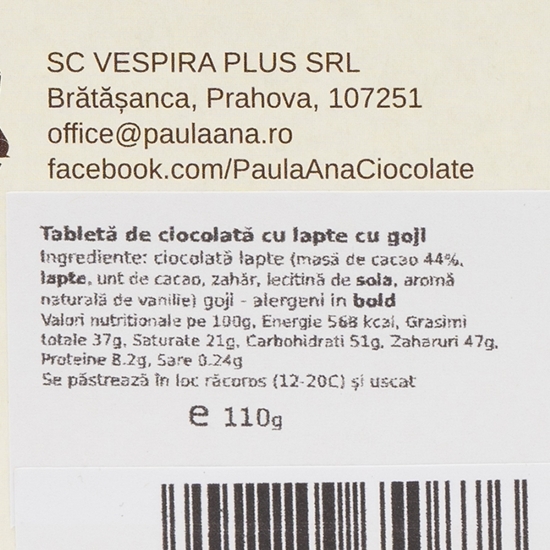 Ciocolată 44% cu goji 110g