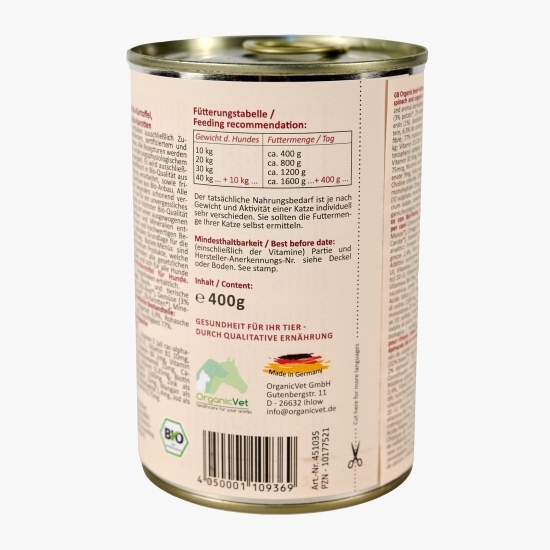 Hrană eco umedă pentru câini, 400g, cu vită, spanac și morcov 