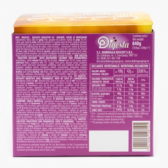 Biscuiți digestivi cu zmeură, cocos și merișoare 840g (10 buc x 84g)