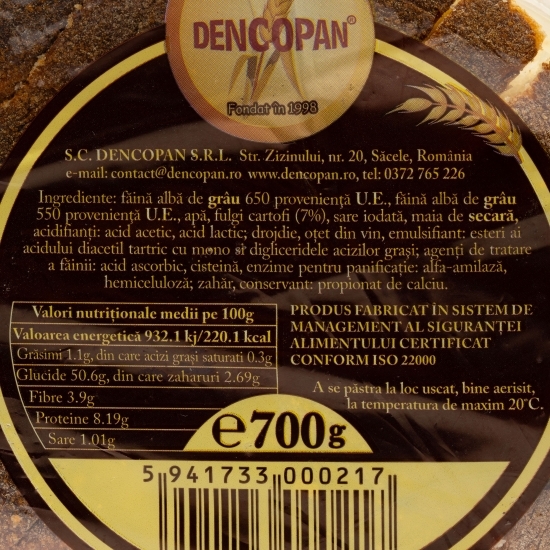 Pâine din făină albă și cartofi feliată 700g