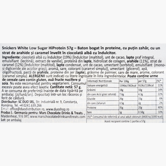 Baton proteic cu ciocolată albă, arahide și caramel HiProtein White Low Sugar 57g