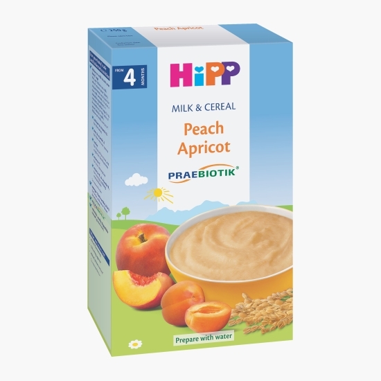 Gustare lapte și cereale cu piersici și caise, +4 luni, 250g