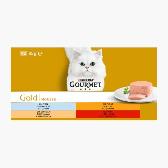  Hrană umedă pentru pisici, 4x85g, Multipack Mousse vită, ton, ficat și curcan